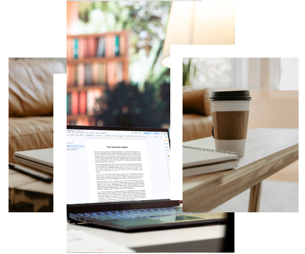 Collage of two images: a sofa/coffee scene bisected by an image of an open laptop with a document onscreen Collage of two images. The left and right images show a coffee table in pale wood with a tan leather sofa behind it. On the table is a takeout coffee cup and a spiral bound notebook and pen. That image is bisected by a second image showing a laptop screen with an open document in the foreground, and bookshelves and greenery out of focus in the background.